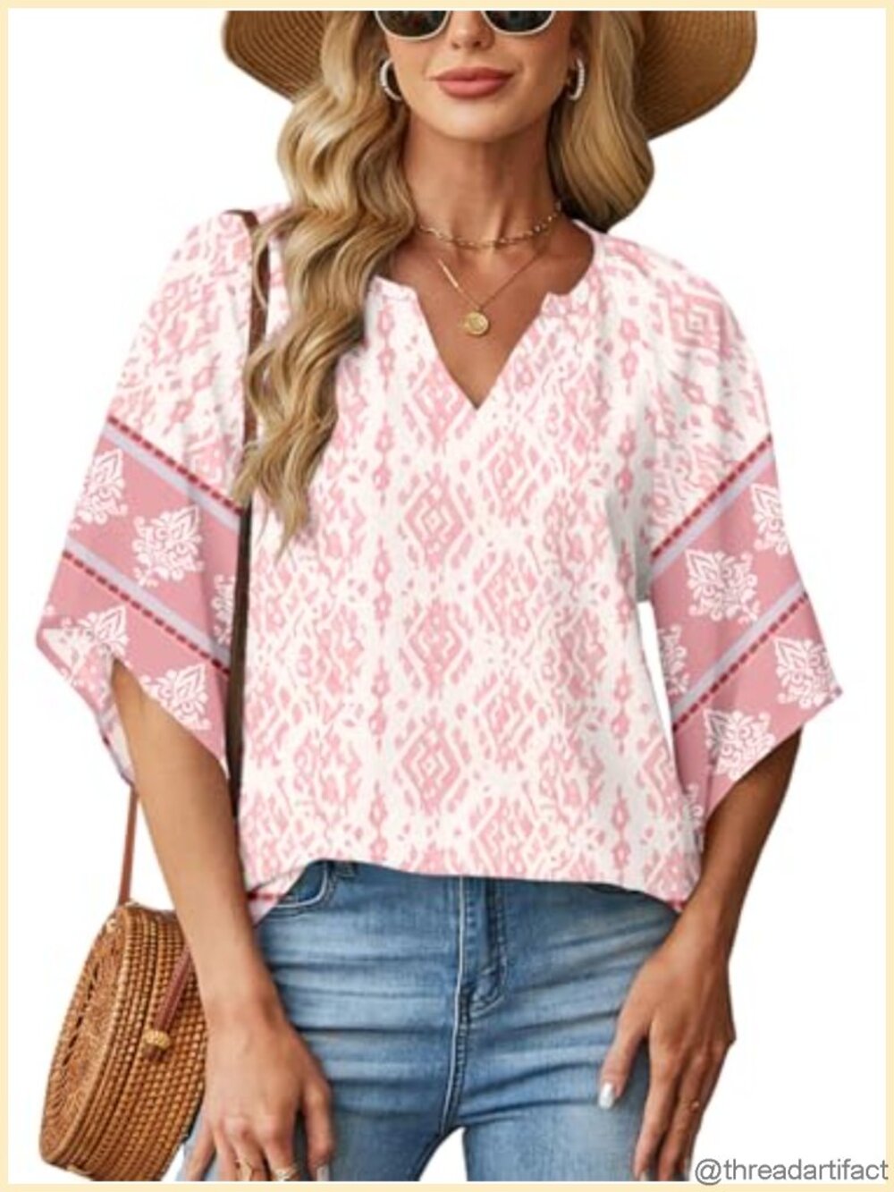Womens Boho Tunic Top 3/4 Bell Sleeve V Neck Loose Fit Blouse